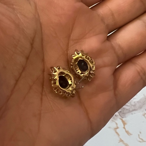 Sparkling Statement Halo Stud Oval Earrings Blue Sapphire & Cz Flower Rh… - Picture 5 of 7